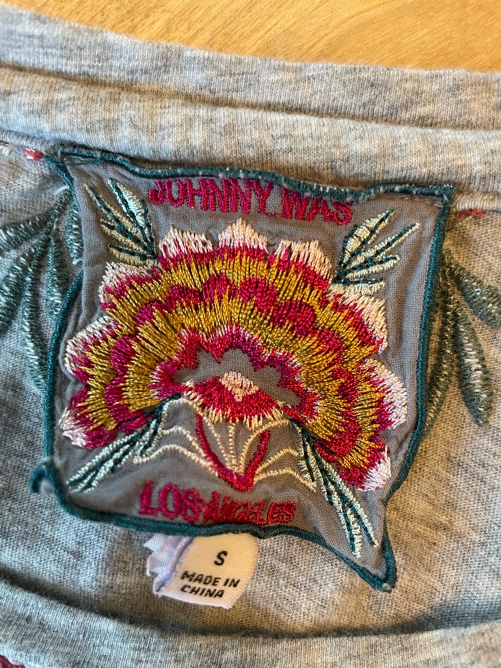 Johnny Was Light Gray Trapeze Tee  with Colorful Floral Embroidery - Picture 6 of 9